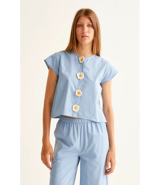 Compania Fantastica Cotton Blouse - Light Blue w/ Daisy Crochet