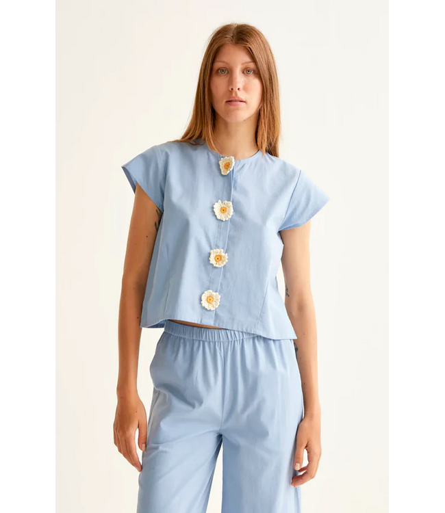 Compania Fantastica Cotton Blouse - Light Blue w/ Daisy Crochet