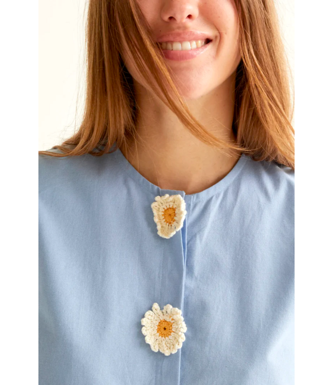 Compania Fantastica Cotton Blouse - Light Blue w/ Daisy Crochet