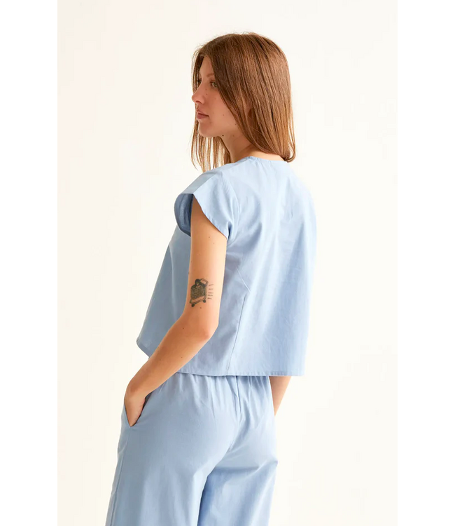 Compania Fantastica Cotton Blouse - Light Blue w/ Daisy Crochet