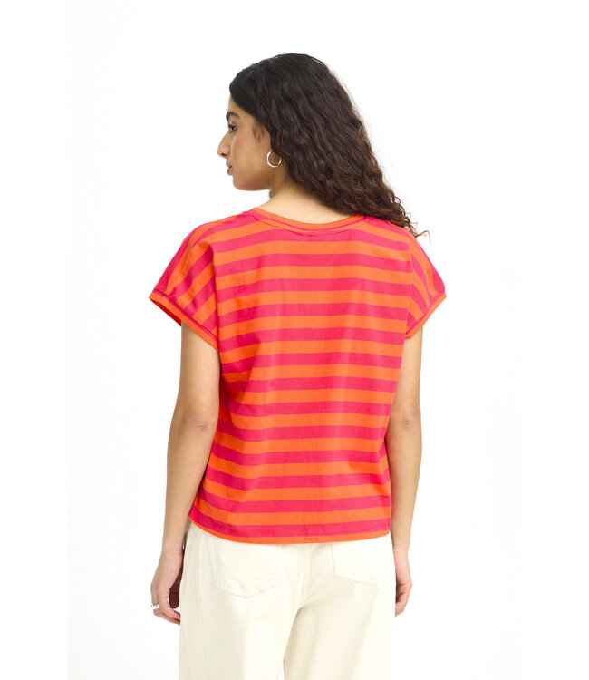 ICHI Juniper Tee - Orange & Pink Stripes