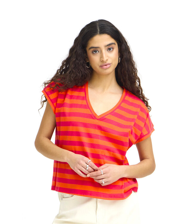 ICHI Juniper Tee - Orange & Pink Stripes