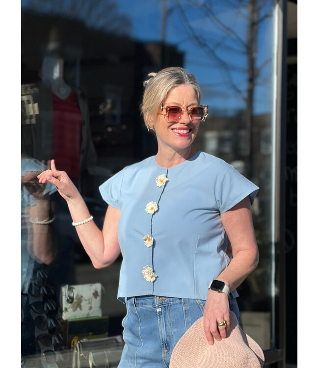 Compania Fantastica Cotton Blouse - Light Blue w/ Daisy Crochet