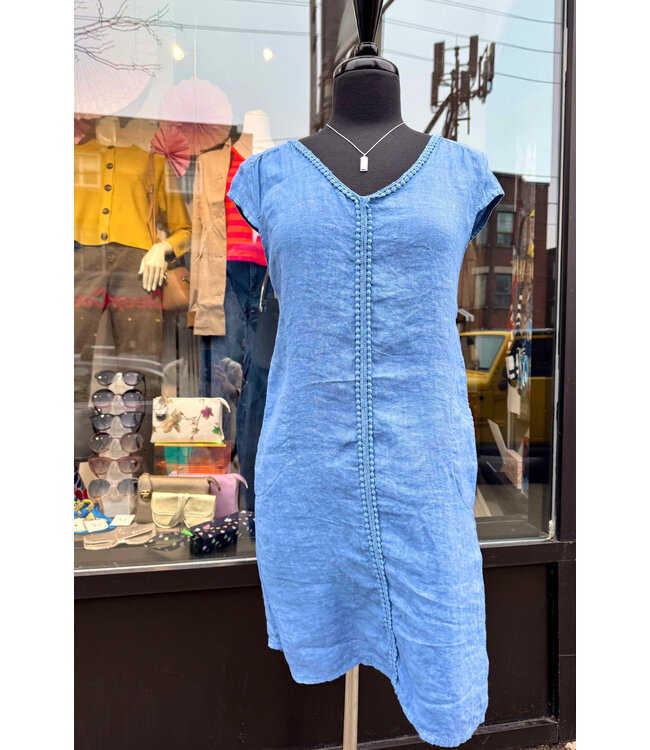 Angela Mara Lace Detail Linen Dress - Light Blue