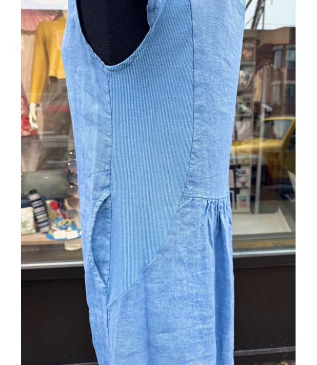 Angela Mara Lace Detail Linen Dress - Light Blue