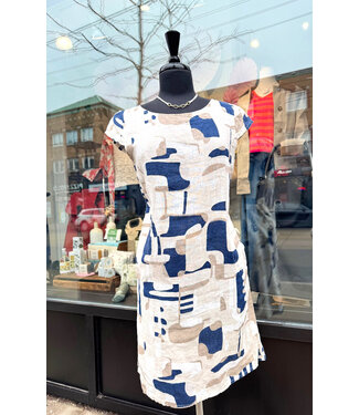 Angela Mara Linen Dress - Beige Geometric