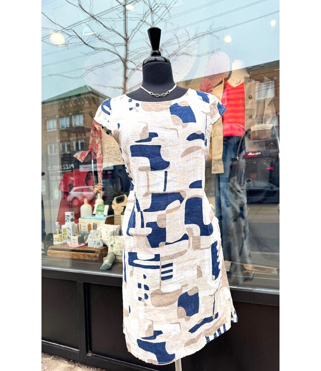 Angela Mara Linen Dress - Beige Geometric