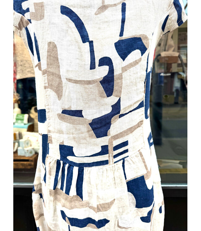 Angela Mara Linen Dress - Beige Geometric