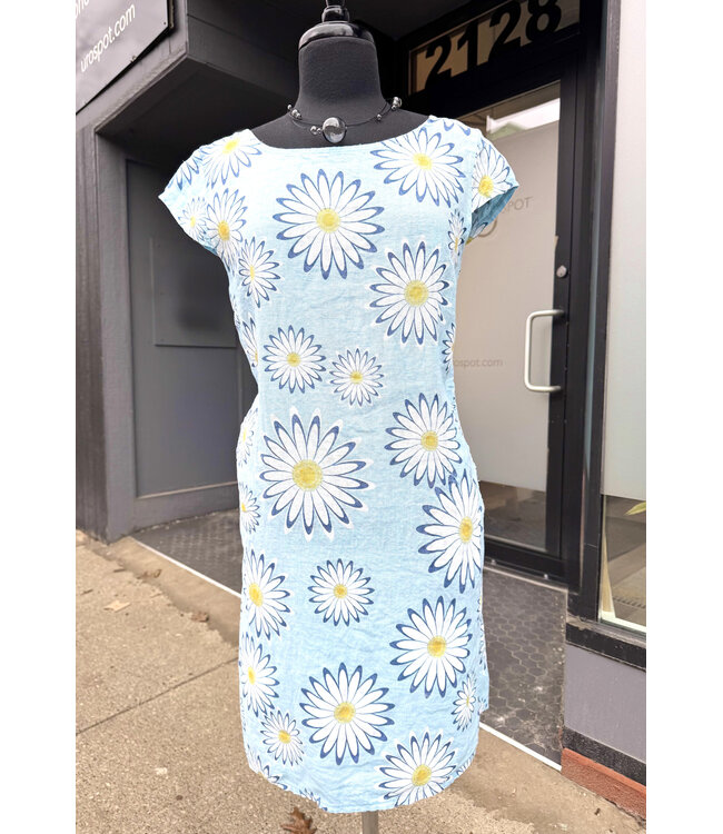 Angela Mara Scoop Neck Linen Dress - Blue Daisies