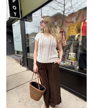 Pistache Wide Leg Linen Pant w/ Side Slit- Coffee