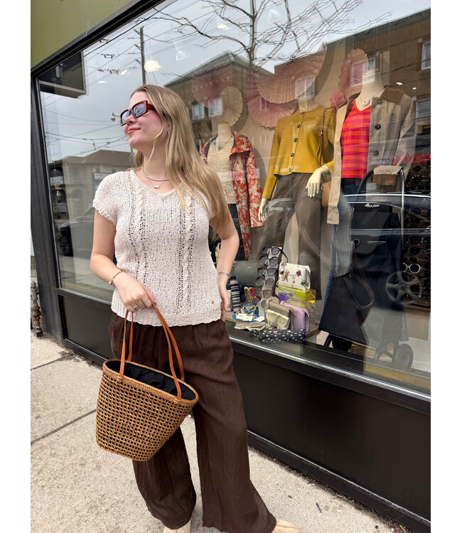 Pistache Wide Leg Linen Pant w/ Side Slit- Coffee