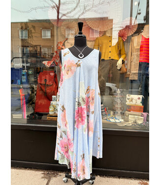 Angela Mara Tank Linen Dress - Blue w/ Pink Flowers