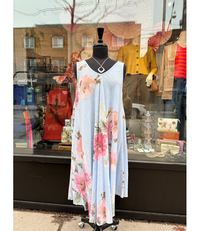Angela Mara Tank Linen Dress - Blue w/ Pink Flowers