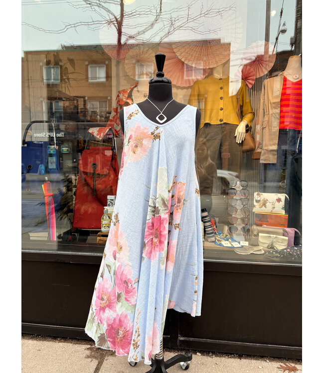 Angela Mara Tank Linen Dress - Blue w/ Pink Flowers