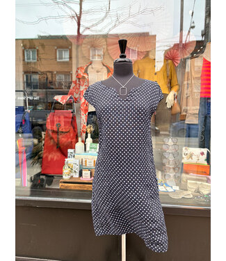 Angela Mara V-Notched Linen Dress - Polka Dot