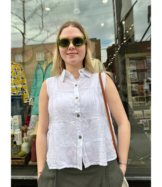 Sleeveless Ruffle Linen Button Up - White