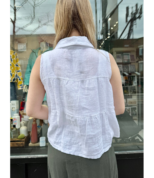 Sleeveless Ruffle Linen Button Up - White