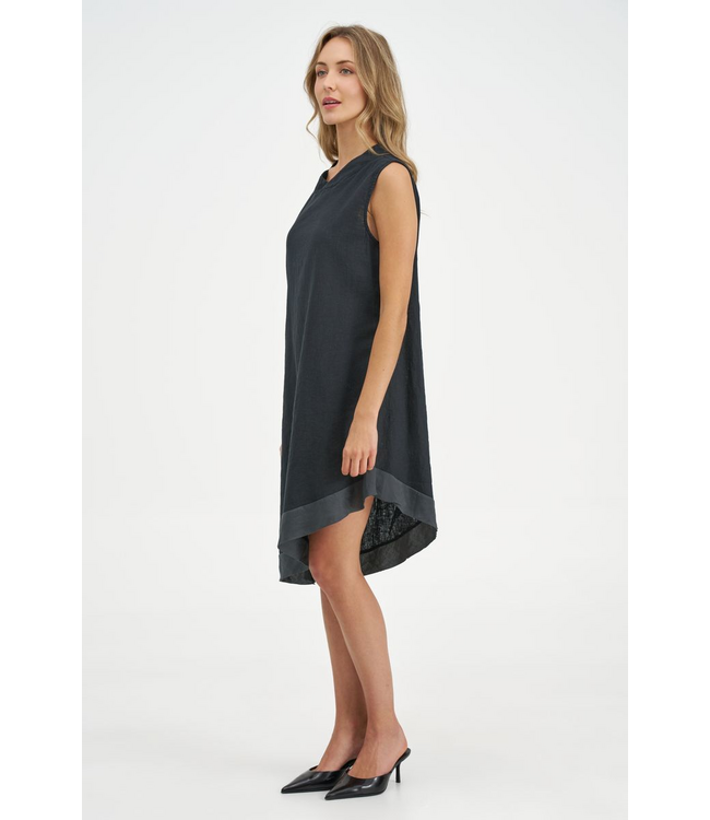 Collared Asymmetrical Linen Dress - Black