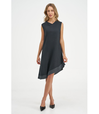 Collared Asymmetrical Linen Dress - Black