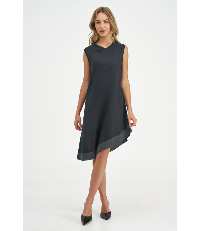 Collared Asymmetrical Linen Dress - Black