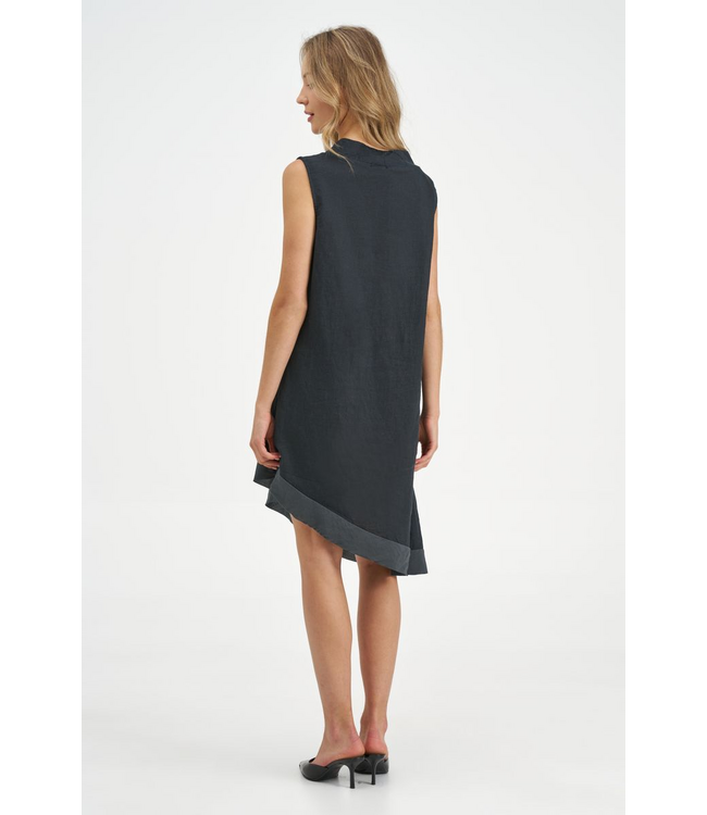 Collared Asymmetrical Linen Dress - Black