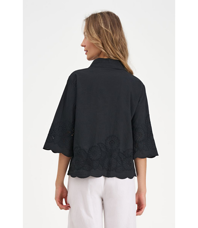 Button-Up Embroidered Short Sleeve Top - Black