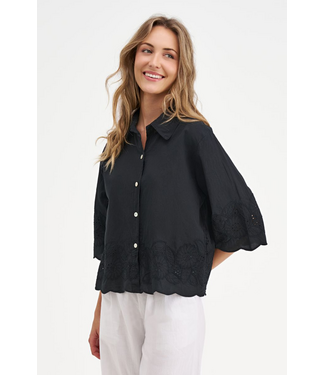 Button-Up Embroidered Short Sleeve Top - Black