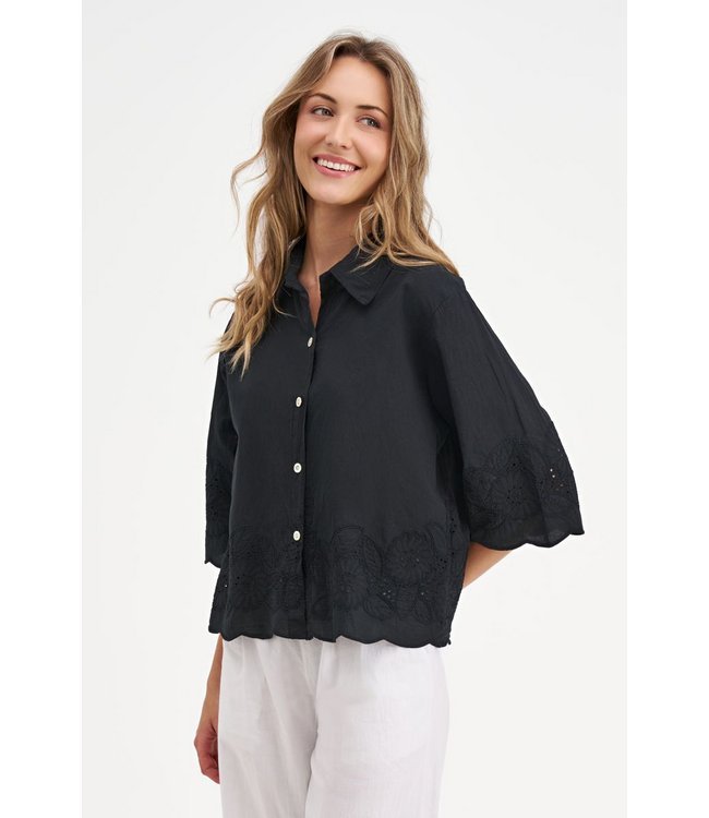 Button-Up Embroidered Short Sleeve Top - Black