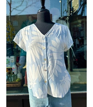 Cap Sleeve Button-Up Blouse - Blue Flowers
