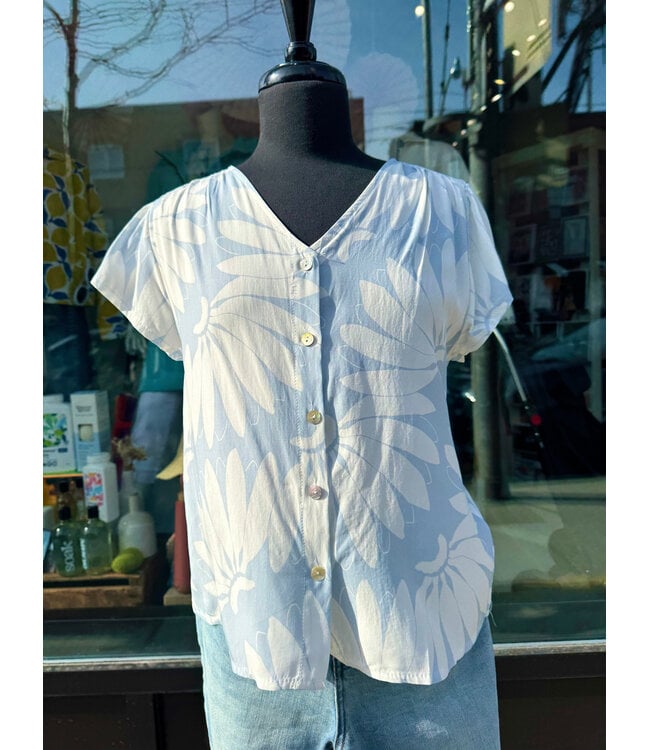 Cap Sleeve Button-Up Blouse - Blue Flowers