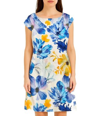 Linen Cap Sleeve Dress - Blue Floral