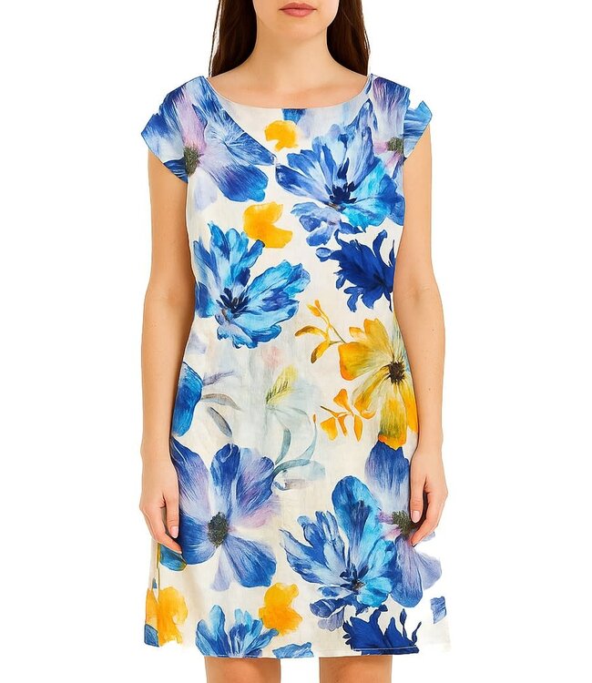 Linen Cap Sleeve Dress - Blue Floral