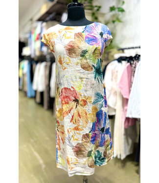 Linen Cap Sleeve Dress - Coral Floral