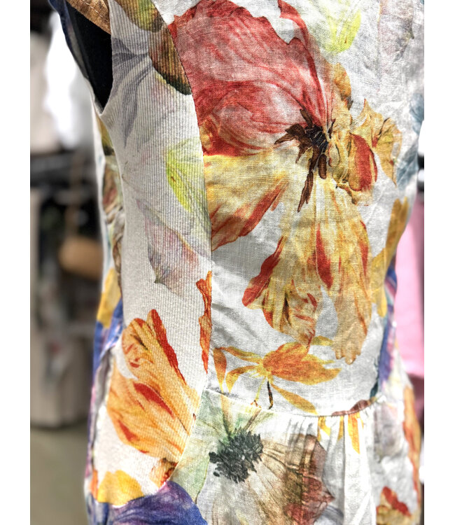 Linen Cap Sleeve Dress - Coral Floral