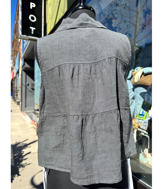 Sleeveless Ruffle Linen Button Up - Charcoal