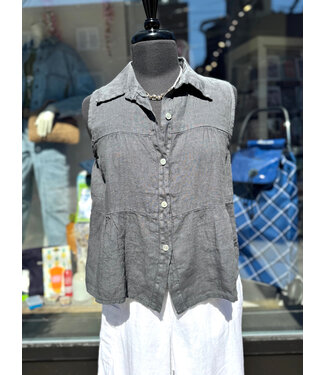 Sleeveless Ruffle Linen Button Up - Charcoal