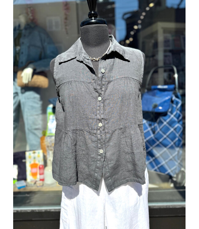 Sleeveless Ruffle Linen Button Up - Charcoal