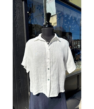 Pistache Short Sleeve Linen Blouse - White