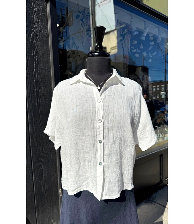 Pistache Short Sleeve Linen Blouse - White