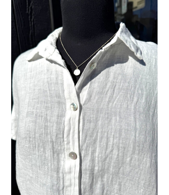 Pistache Short Sleeve Linen Blouse - White