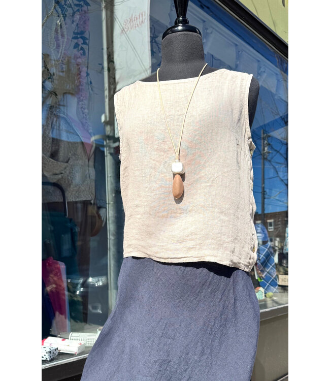 Pistache Sleeveless Linen Top w/Buttons - Beige