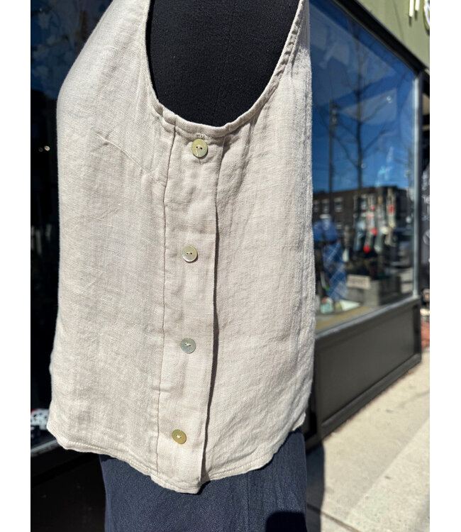 Pistache Sleeveless Linen Top w/Buttons - Beige