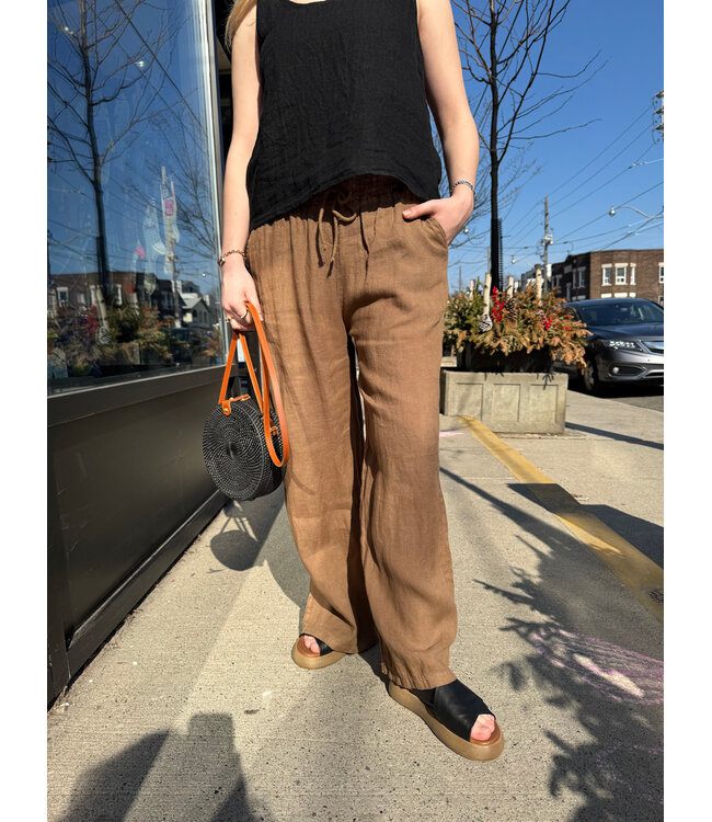 Drawstring Wide Leg Linen Pant - Mocha