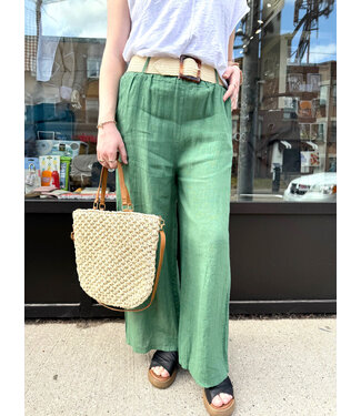 Elastic Waist Linen Pant - Green