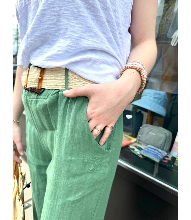 Elastic Waist Linen Pant - Green