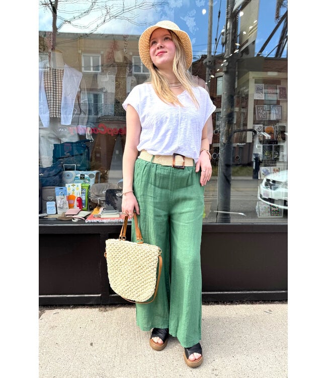 Elastic Waist Linen Pant - Green