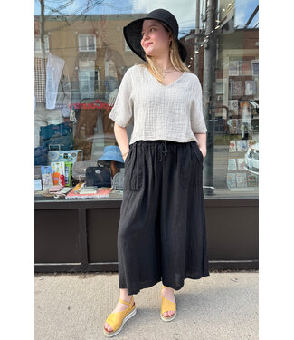 Linen Drawstring Crop Pant - Black