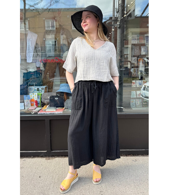 Linen Drawstring Crop Pant - Black