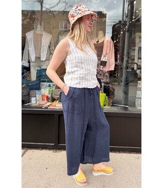 Linen Drawstring Crop Pant - Navy