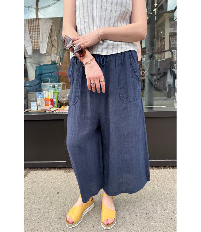 Linen Drawstring Crop Pant - Navy